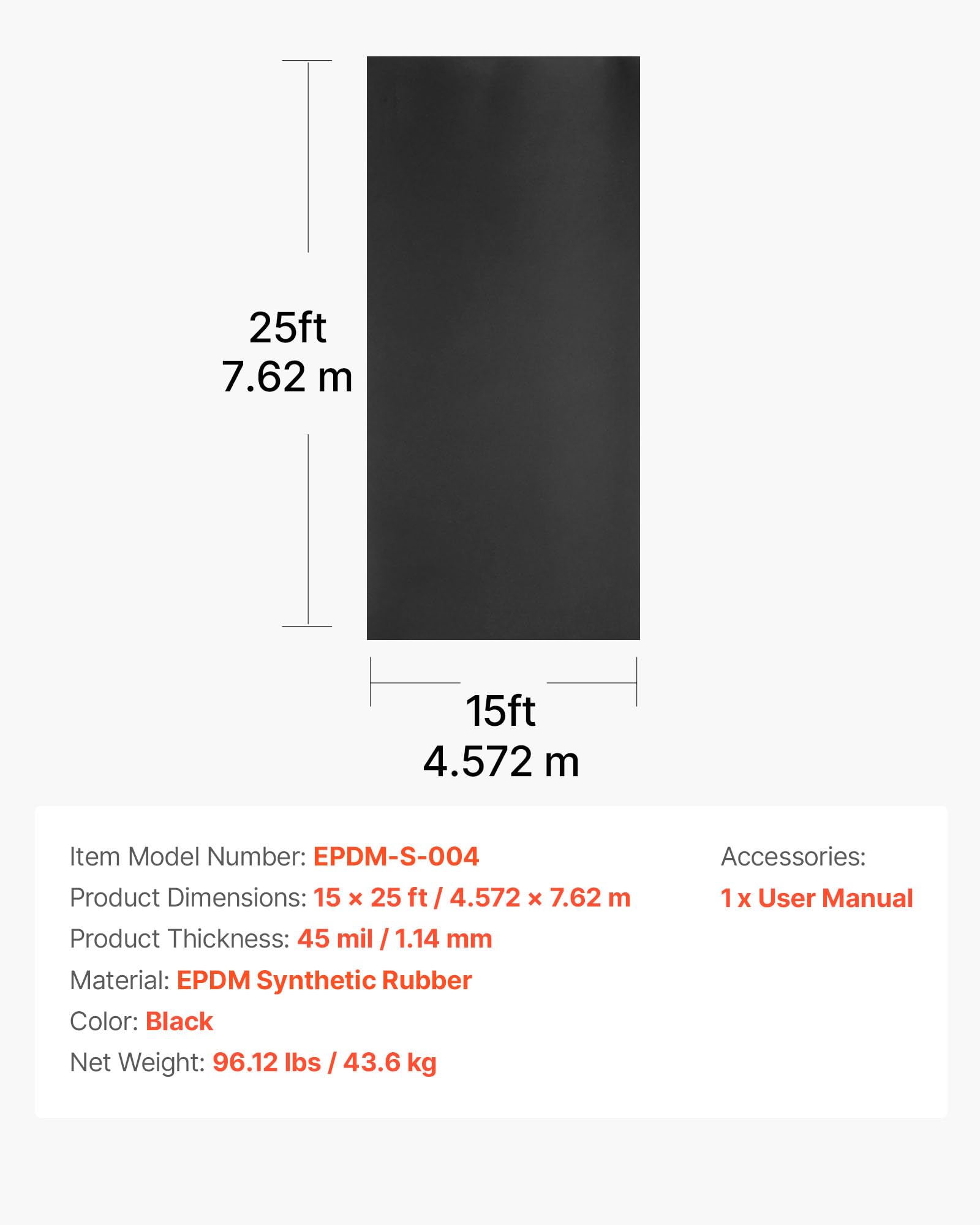 VEVOR Rouleau de toiture, 4,572 x 7,62 m, membrane de sous-couche de toiture, en caoutchouc EPDM de 1,14 mm, résistant aux intempéries et températures extrêmes, pour camping-cars, toits et étangs