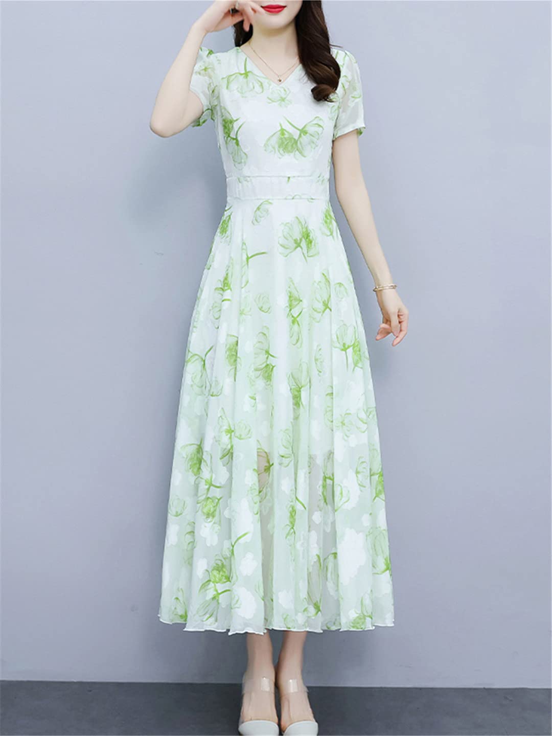 Abito midi casual floreale estivo da donna, elegante, in chiffon, lungo, formale, da sera