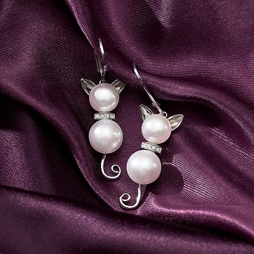 Ross-Simons 7.5-9mm Cultured Pearl and Diamond-Accented Cat Drop Earrings in Sterling Silver4
