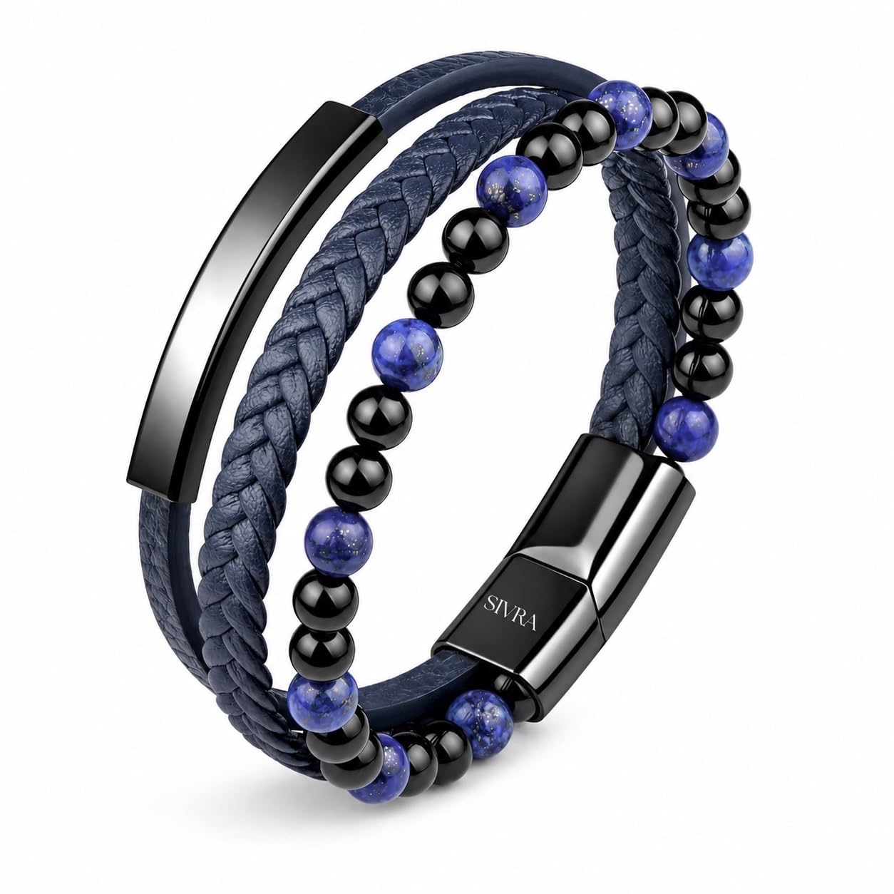 SIVRA Men's 3-Strand Blue Leather Bracelet with Natural Lapis
