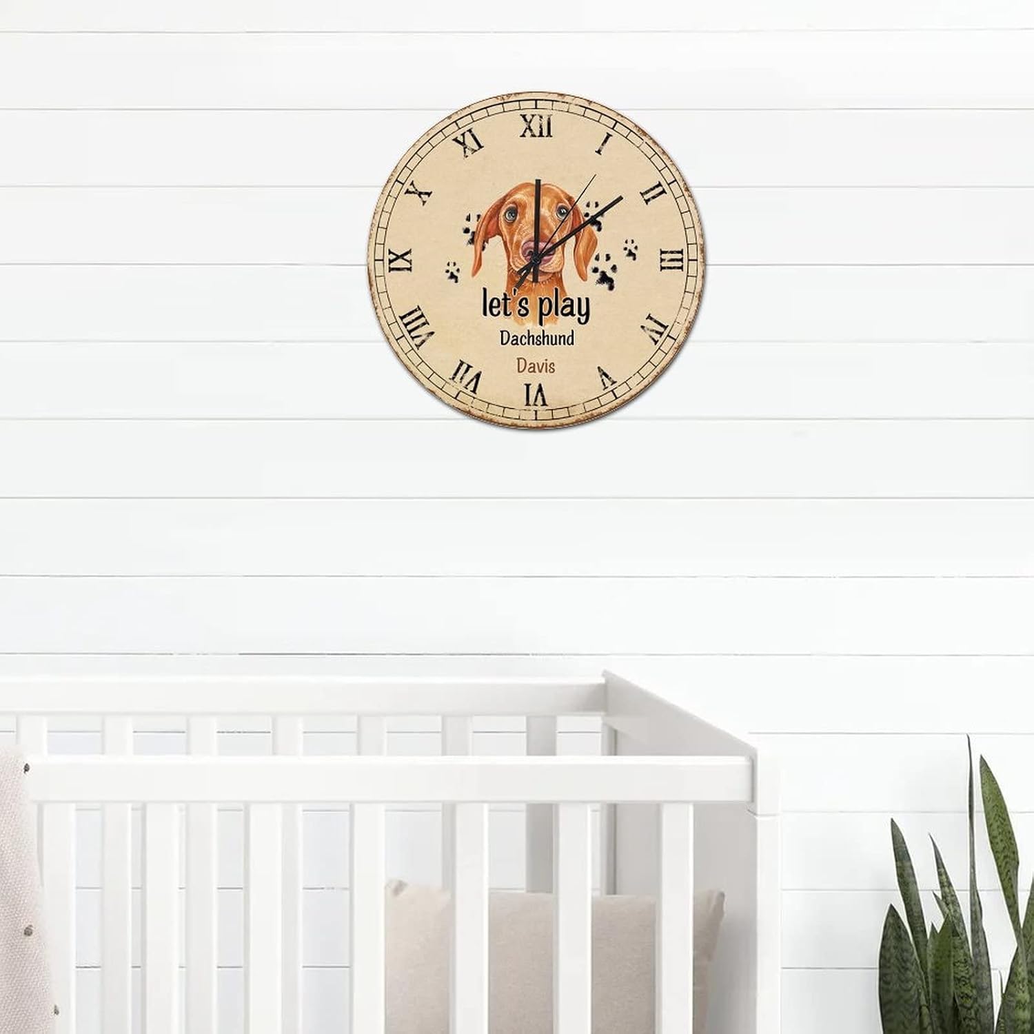 Wall Clock 10in Let's Play Dachshund Wooden Wall Clock Pet Dog Lover Postage Stamp Silent Battery Operated Animal Popular Wall Decor for Home Sewing Room Dessert Station Terrace image 5