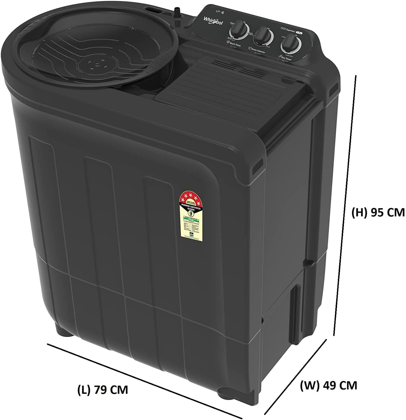 Side view of Whirlpool ACE 7.5 SUPREME washing machine with labeled dimensions: Length 79 CM, Width 49 CM, Height 95 CM.