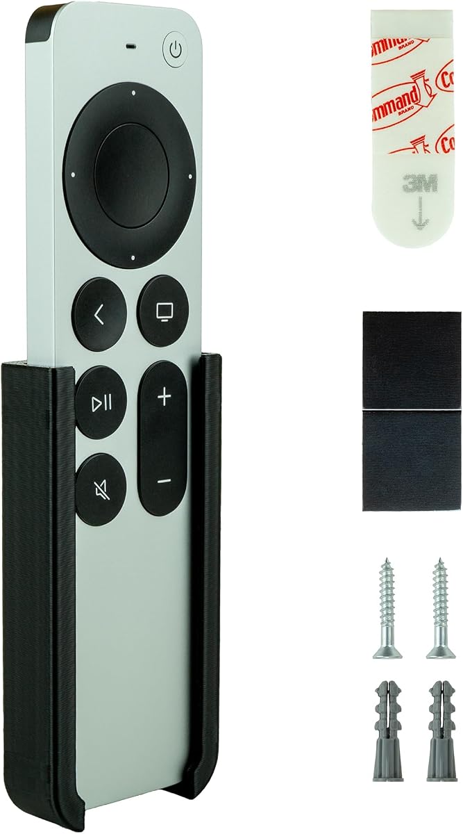 Remote Holder for Apple TV Siri Remote Control | Surface or Wall Mounted Remote Organizer | Includes Adhesive Tape, Magnet and Screw Mounting Options (Black)