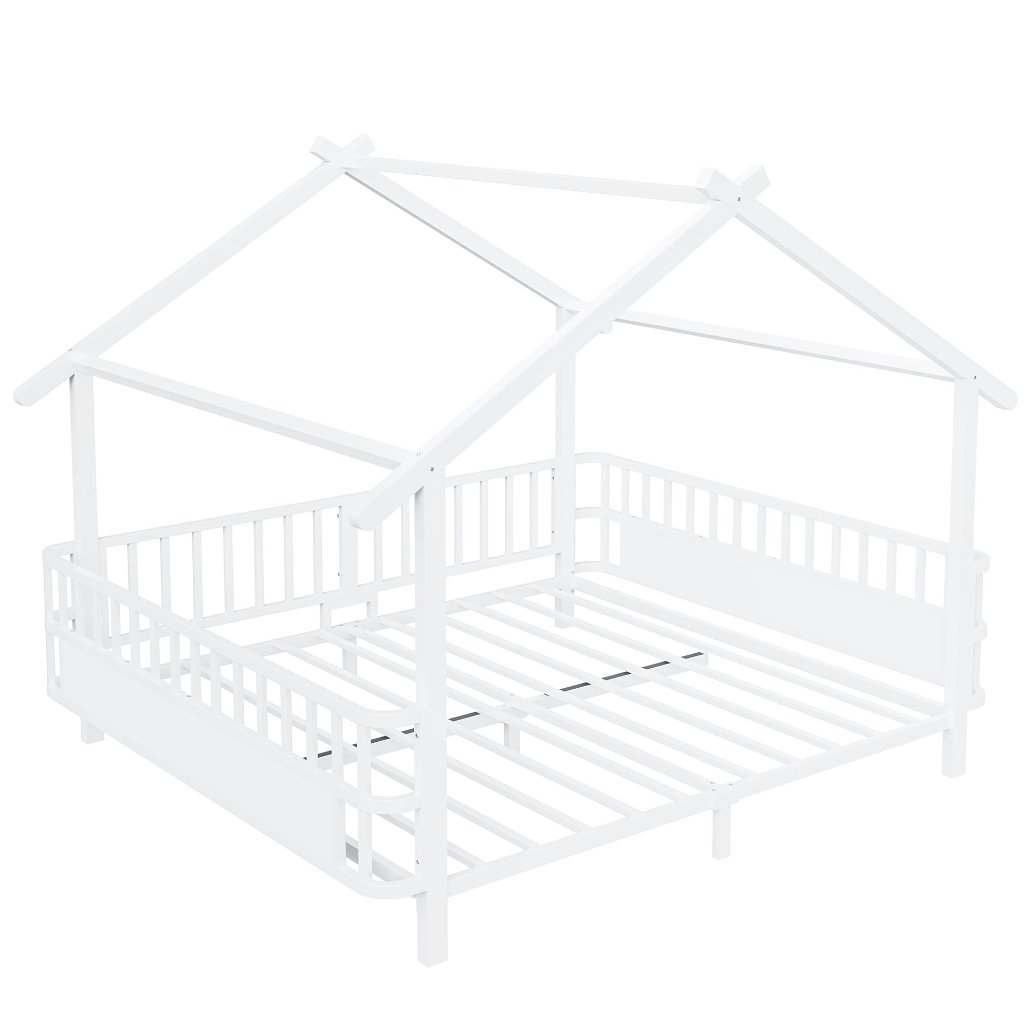 Merax Kinderbett aus Metall in Hausform 140x200 cm mit Sicherheitsgitter & Dachdesign – Weiß (Ohne Matratze)
