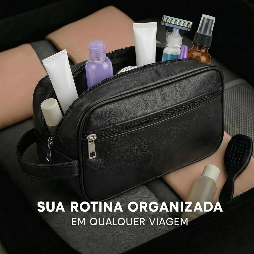 Necessaire Masculina de Couro, Impermeável, com 2 Divisórias, Organizador de Viagem Executivo para Higiene e Barba (Preto Clássico) Necessaire Masculina de Couro, Impermeável, com 2 Divisórias, Organizador de Viagem Executivo para Higiene e Barba (Preto Clássico)