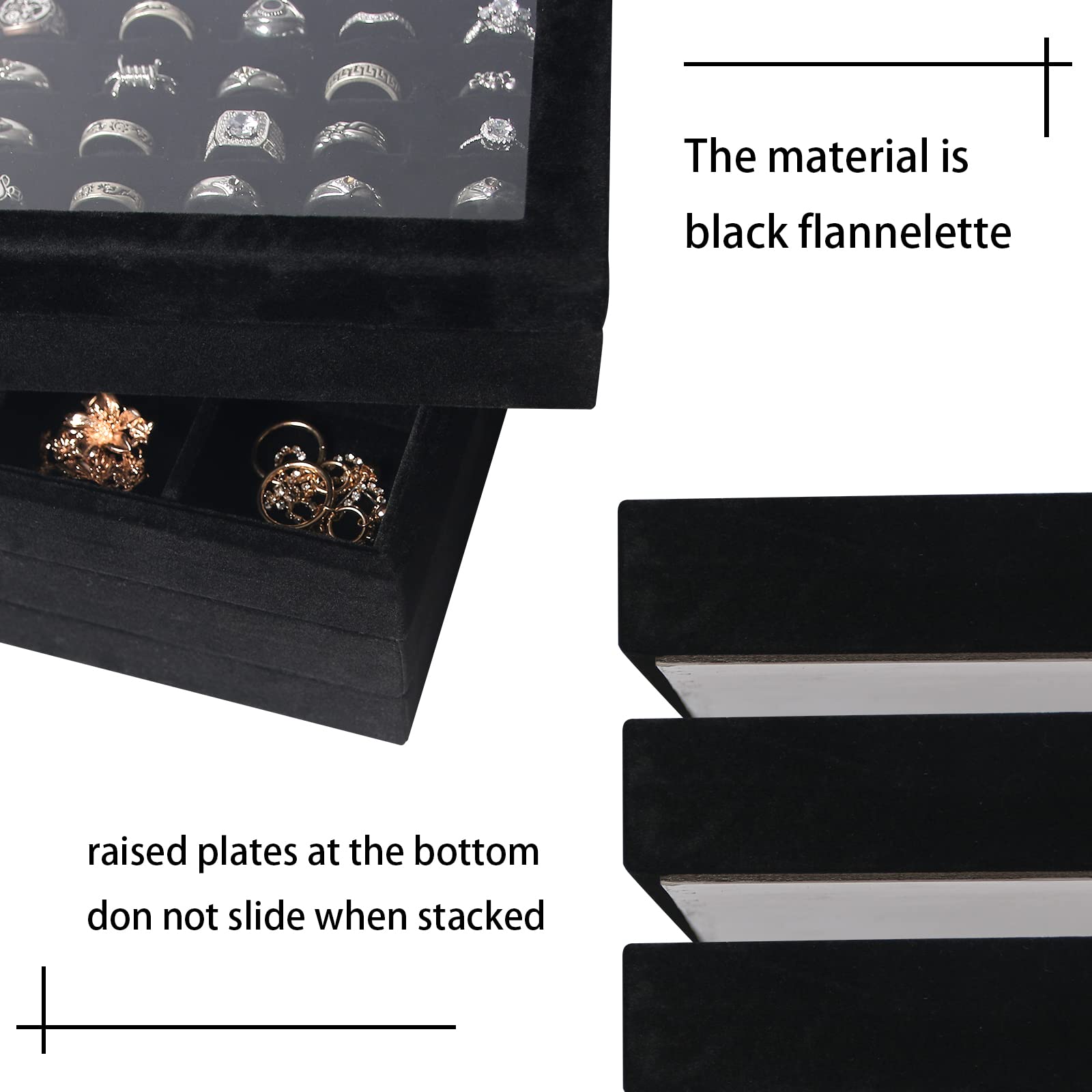 Set di 5 vassoi impilabili per gioielli, anelli, collane, orecchini, bracciali, espositori, vassoi con coperchio in vetro (velluto nero)