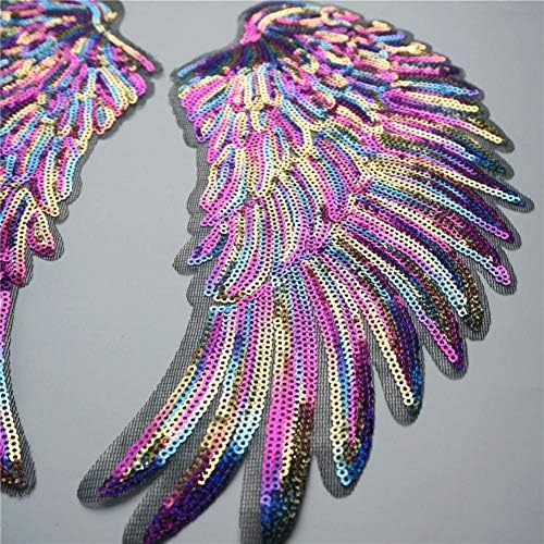 Zonfer 1pair Rainbow Wings Patches Sequin Dreamy Sew Iron Patches Embroidered Badges Angel Wings Sequins Patches Clothing Iron-on Embroidered Patch Motif Applique