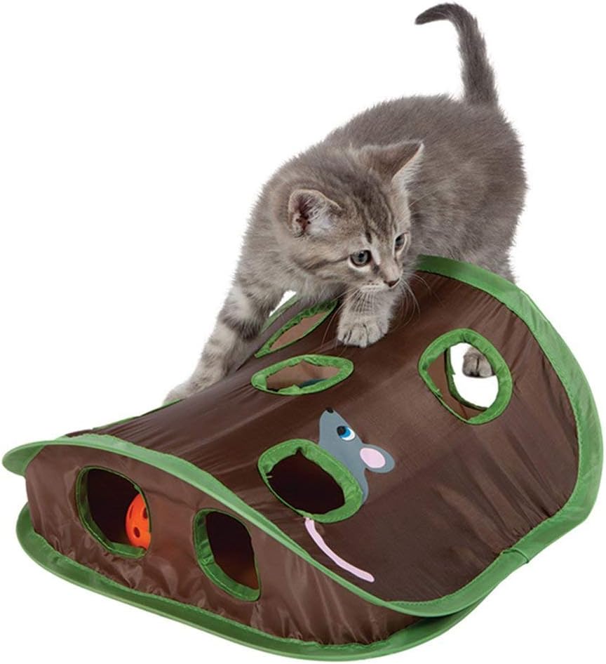 SAXTEL Mouse Hunt Cat Toy - Cat Mice Toy Hide & Seek Game Pop-up Intelligence Play Toys - Collapsible Puzzle Exercise Toy 9 Holes Mouse Hunt with Bell-ball - for Cat Kitty (31 * 32 * 11cm,Brown)