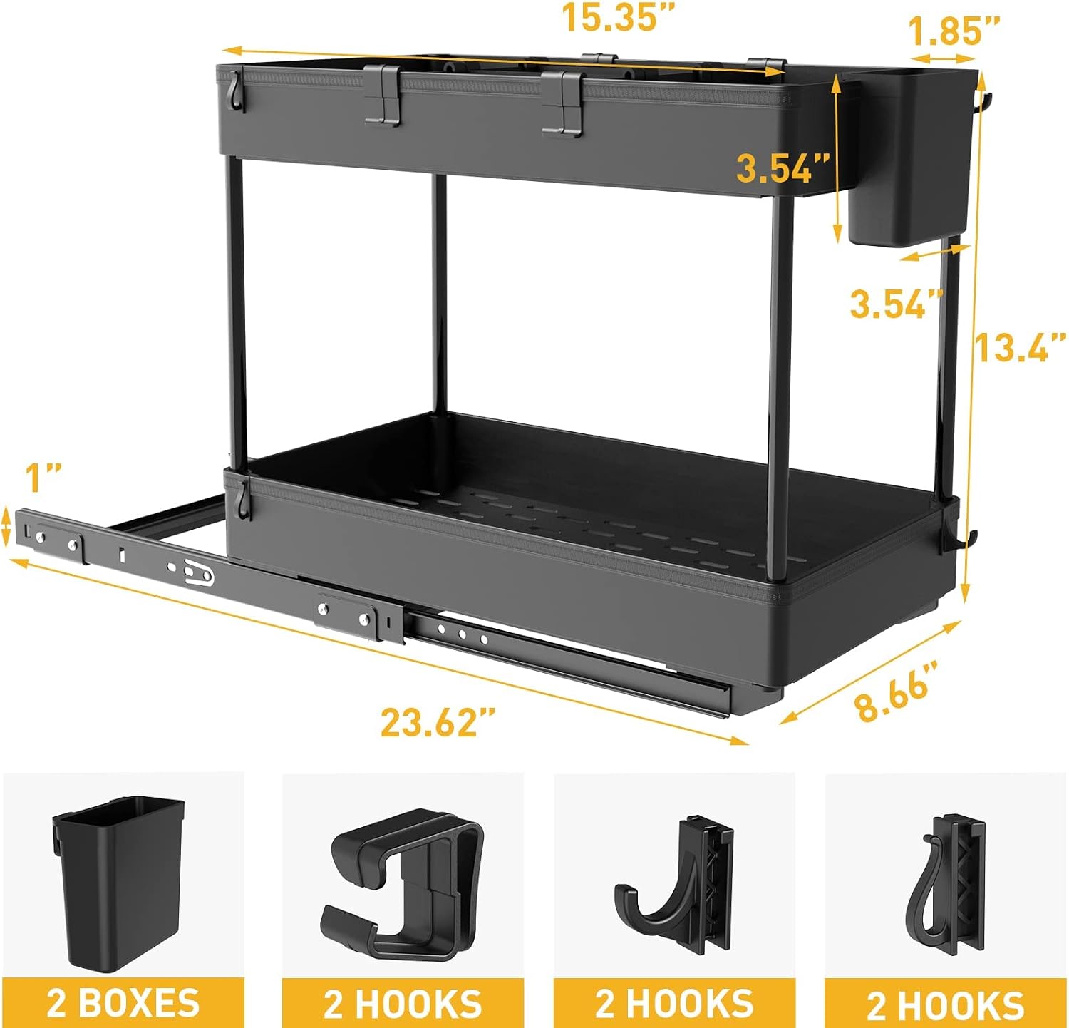 Under Cabinet Sliding Storage Drawer Basket Organizer, 2 Tier Pull Out Under Sink Organizer and storages,cabinet roll out shelf with hooks & Hanging Cups for Kitchen, Bathroom,Laundry room, Black