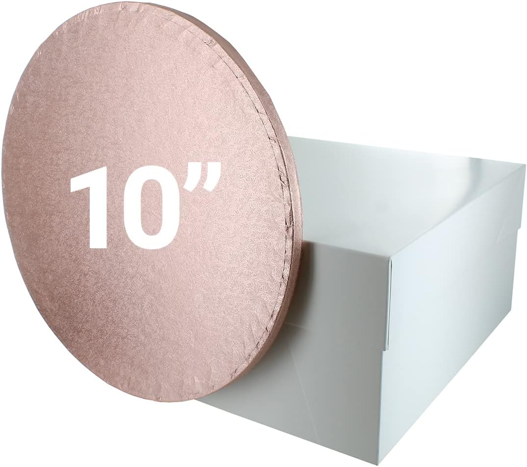Culpitt10" Rose Gold Cake Board & White Box Combo, Round Drum With Matching, 0.5'' (13mm) Thick, Square Transport, 10 Inch, Single Pack, 90273