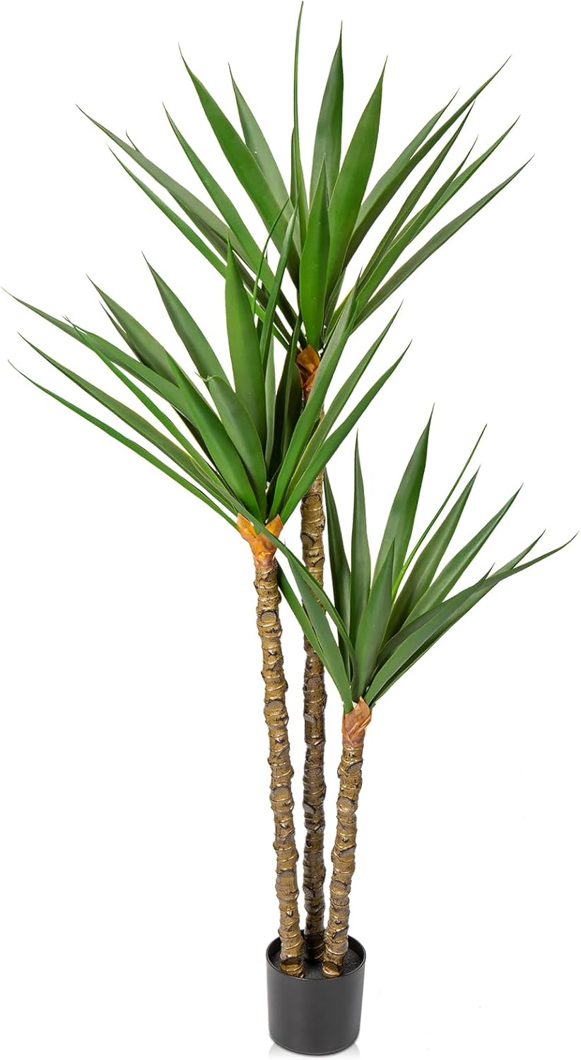 Artificial Tree Indoor 5.57Ft Faux Agave Plant Tree Fake Tropical Yucca Tree with 3 Heads in Pot Fake Dracaena Plants Potted Palm Tree for Home Decor Modern Office House Decoration Housewarming Gift