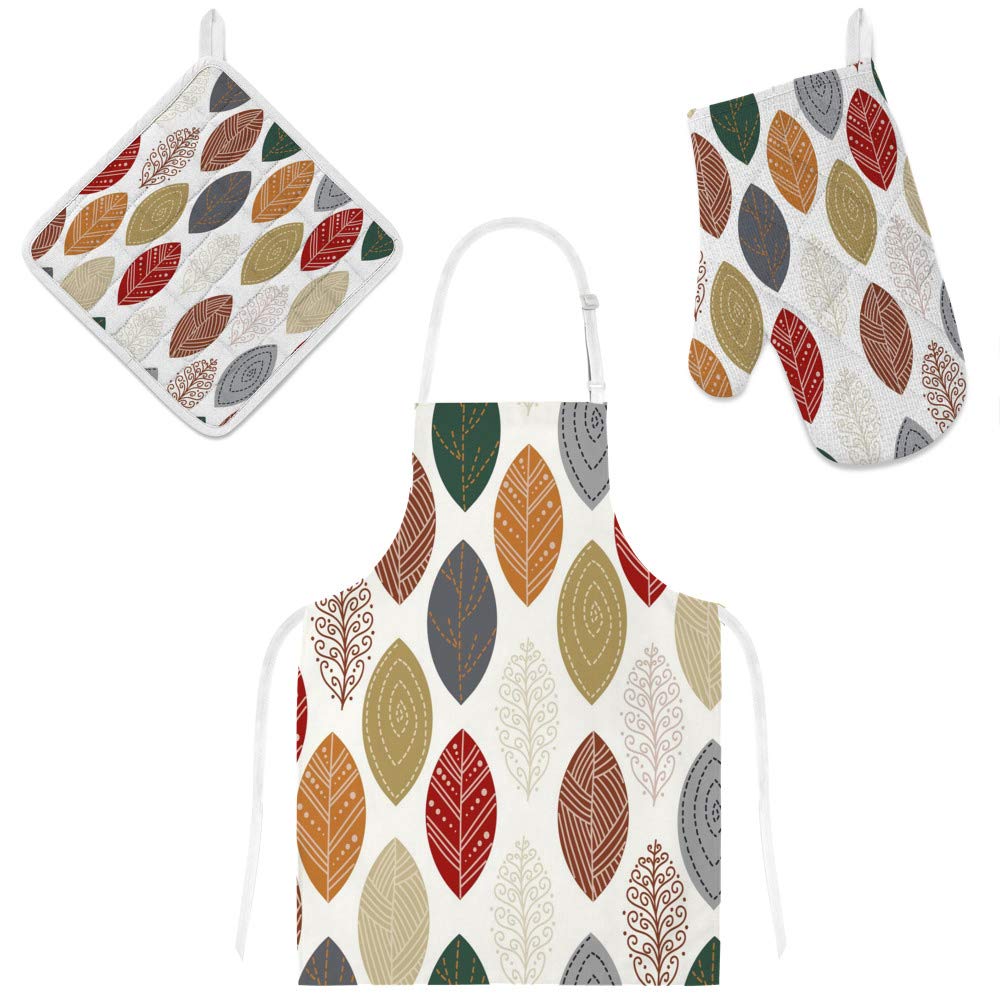 Tablier de cuisine avec poches et gants imperméables à motif de feuilles colorées