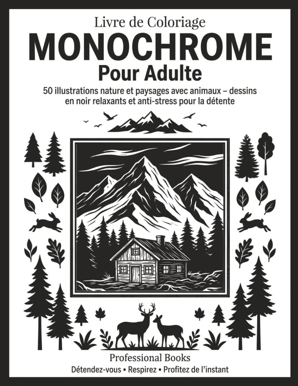 Livre de Coloriage Monochrome Pour Adultes: 50 illustrations nature et paysages avec animaux – dessins en noir relaxants et anti-stress pour la détente (Collection Monochrome Détente)