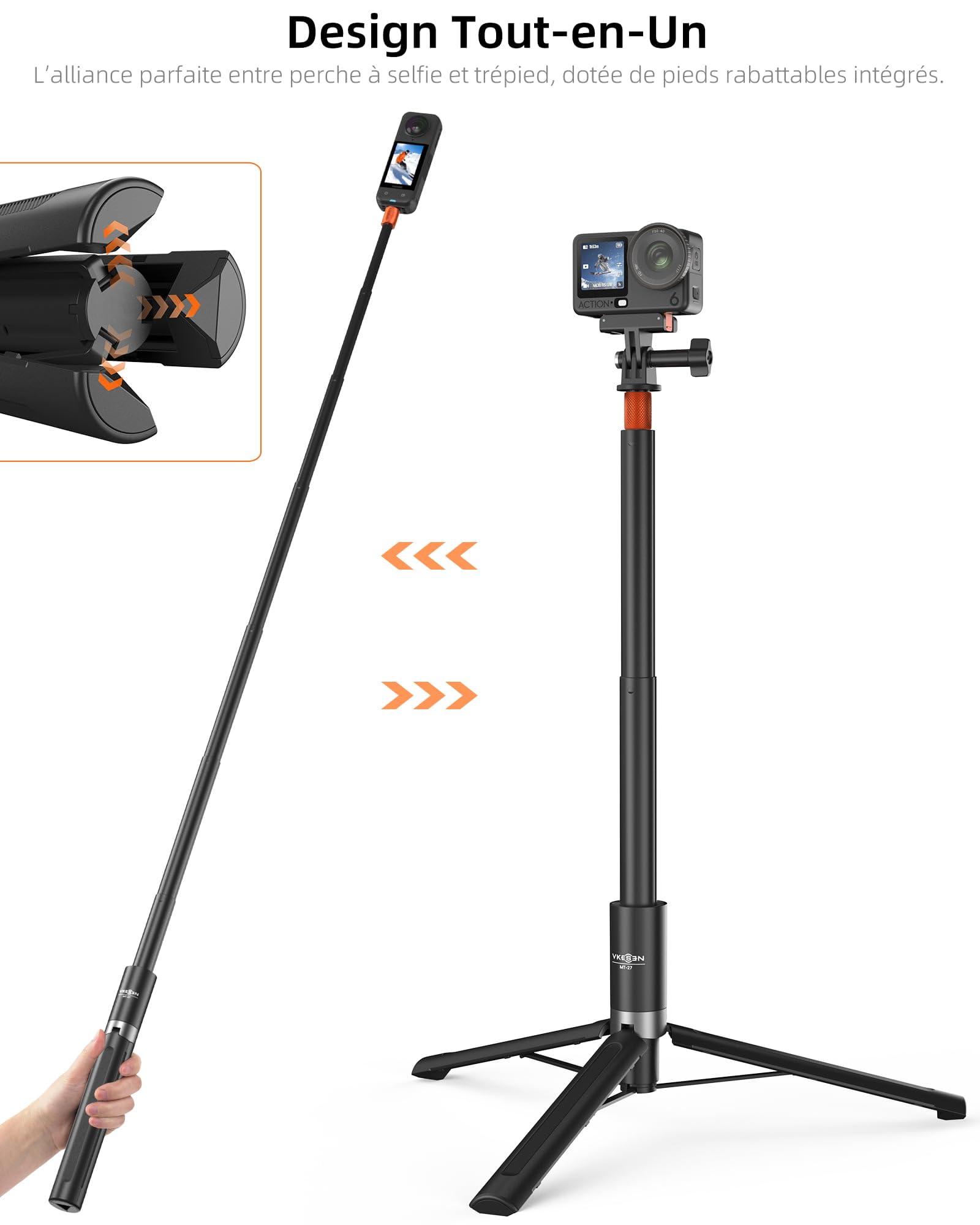 Perche à Selfie Invisible 147cm avec Trépied pour Insta 360 X5/X4/X3/Ace Pro/GO 3S/GO Ultra, DJI Osmo 360, GoPro, 2-en-1 Bâton Selfie Trepied/Tige d'extension étendue/Poignée/Support/Accessoires