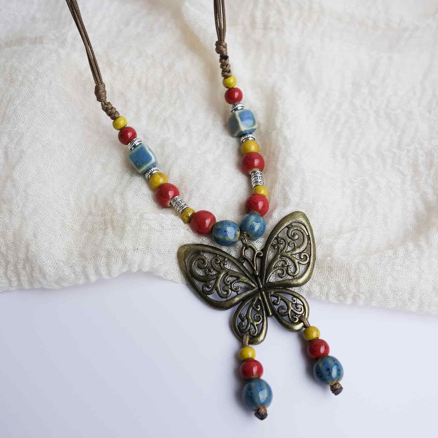 Boho Colorful Ceramic Bead Necklace for Women, Butterfly Pendant Necklace, Handmade Bohemian Statement Jewelry Gifts for Mom - Image 2