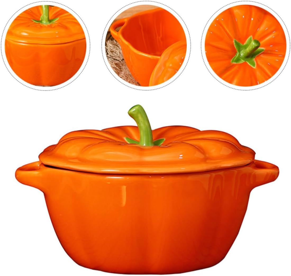 Alipis Creative Pumpkin Soup Bowl with Lid, Ceramic Dual Handle Tableware