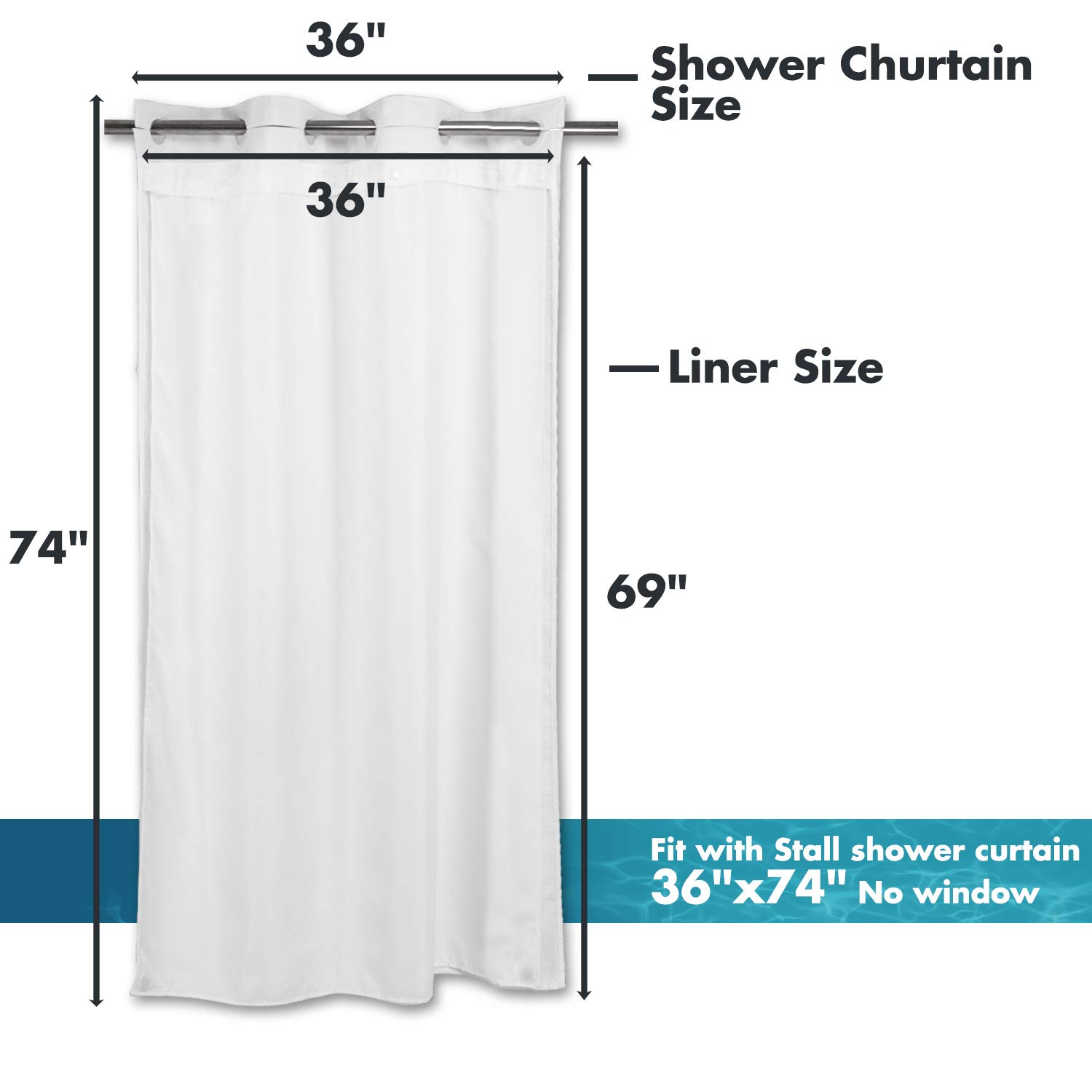 River Dream Snap in Shower Curtain Liner Replacement,Fit 36 x 74 Stall No Window Shower Curtain (36 x 69, Fabric)