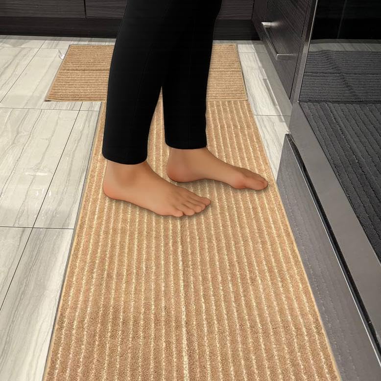 Kitchen Rugs Sets of 2 PCS — Kitchen Mats for Floor 24x35/24x60 Inch Non Slip Washable Rug Set, Non Slip Floor Mats Made of 100% Polyester Soft and Anti-Slip Standing Kitchen Runner Rug, Beige Beige 24" x 35" and 24" x 60"