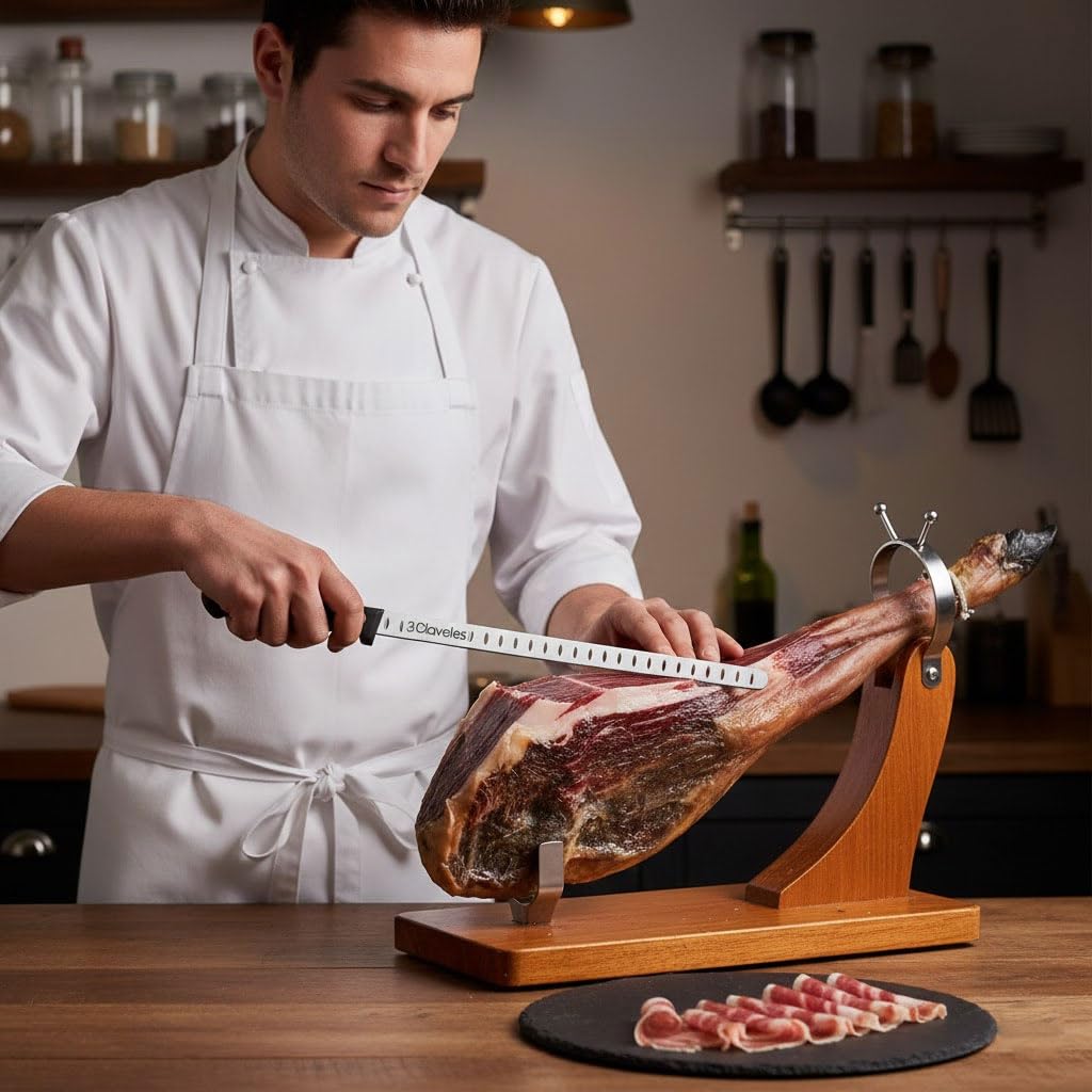 Genérico Cuchillo Jamonero 3 Claveles Alveolado Estrecho punta roma Pom 29cm