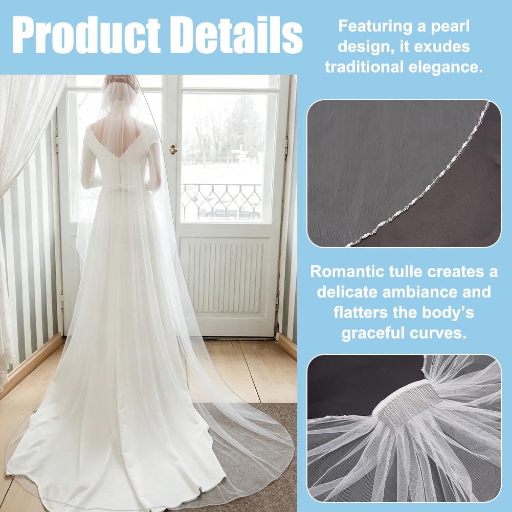 WEBEEDY 3 m Voile de Mariée 1 Niveau Long Voile Cathédrale avec Perles et Cristaux Bord Perlé Voile de Mariée en Tulle Doux Tombant avec Peigne Accessoires Cheveux Femmes pour Mariage Plage Extérieur
