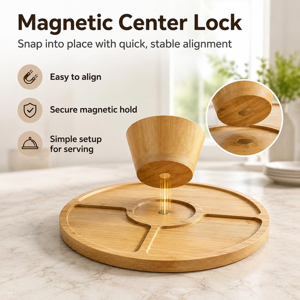 Bamboo Cake Stand with Lid,11.4" Wood Cake Stand with Acrylic Dome,Multiuse Cake Holder with Magnetic Base, 6-in-1 Cake Plate Display Stand with Cover for Baking Gifts/Birthday/Kitchen/Weddings