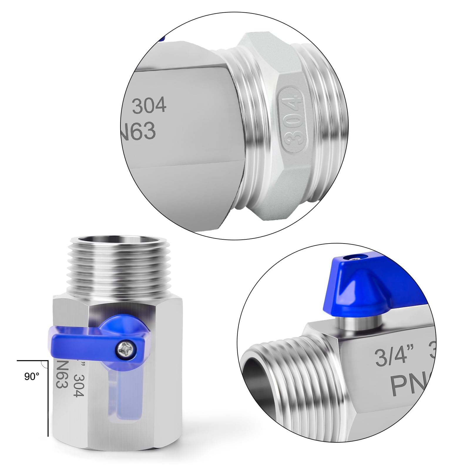 2 Stück 3/4" BSP Innengewinde x 3/4" BSP Außengewinde Hochleistungskugelhahn aus Edelstahl 304 mit 2 Stück 3/4" SUS 304 Hex-Nippel-Anschluss