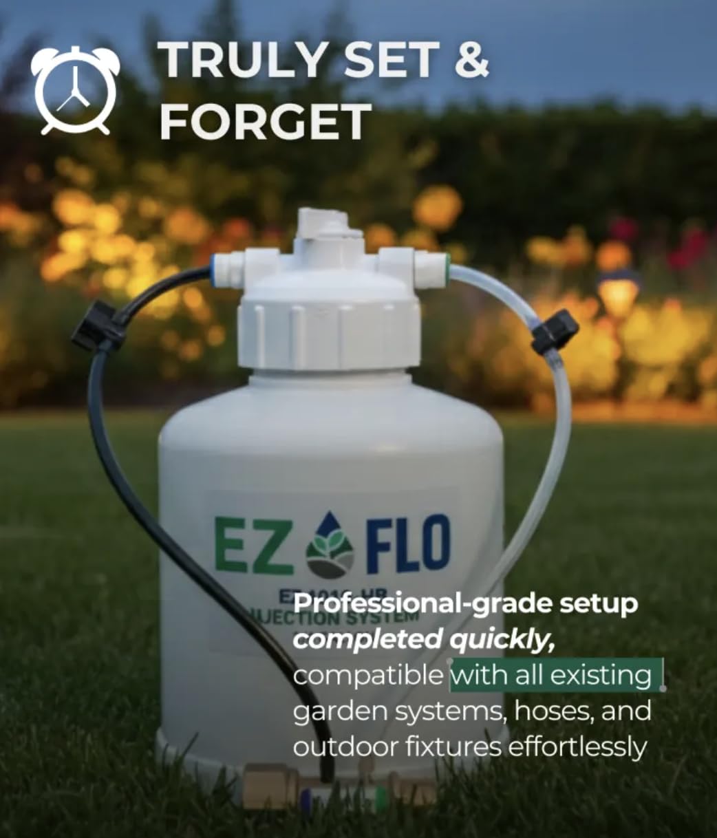 EZ‑FLO - Inyector de fertilizante de 1 galón | Sistema de conexión de manguera y goteo | Cobertura de hasta 16,000 pies cuadrados | Microdosificación ajustable | Conector GHT de 3/4 pulgadas | EZ 1010