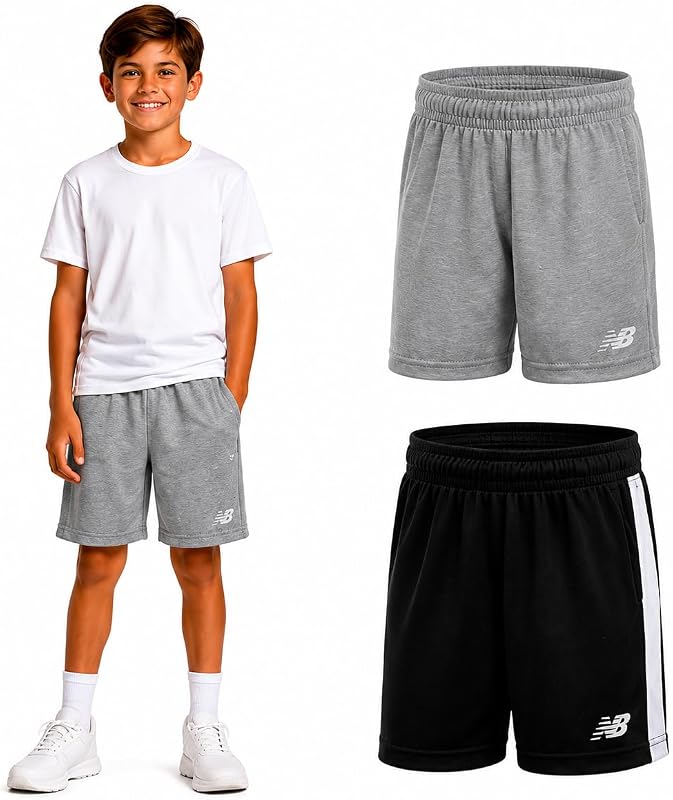 New Balance Boys 2 Pack Moisture-Wicking Mesh Basketball Shorts, Sizes 8-20 | Quick-Dry Finish Keeps Him Cool, Side Pocket Holds a Phone or Snacks, Stay-Put Waistband, Relaxed Athletic Cut