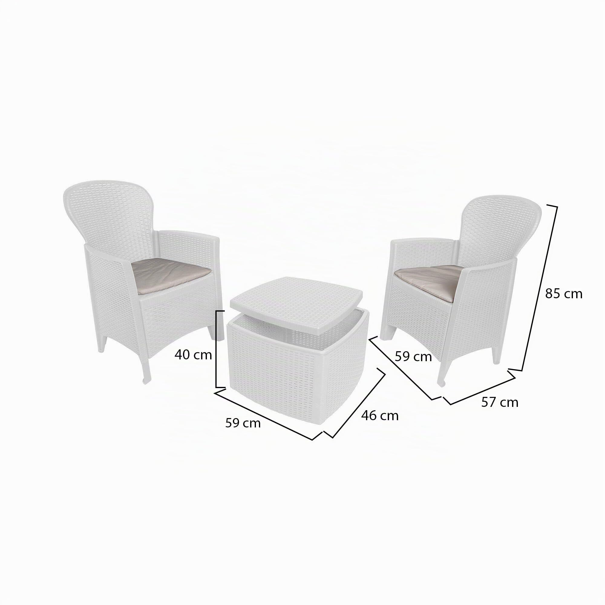 Dmora - Set salotto da esterno Napoli, Composizione da giardino con 2 poltrone ed 1 tavolino contenitore, Salottino effetto rattan, 100% Made in Italy, Bianco