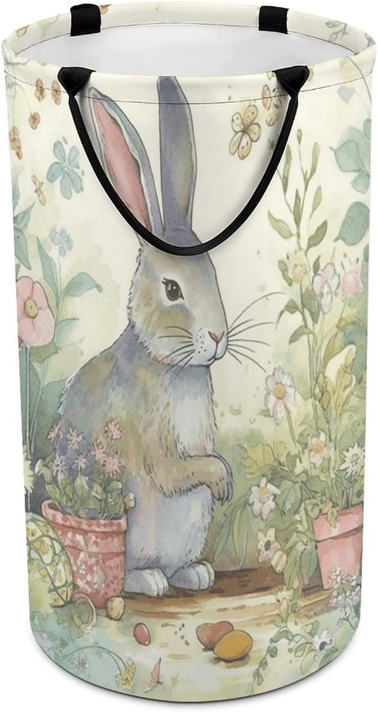 Garden Bunny Laundry Hamper with Handles Waterproof Collapsible Laundry Basket Large Lightweight Round Dirty Clothes Hamper for Home Dorm Bathroom Decor