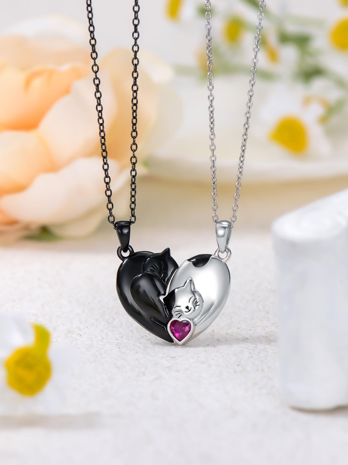 Matching Cat & Love Arrow Sterling Silver Cute Couples Heart Necklaces - Gifts for Couples: Couple Cat-July Birthstone