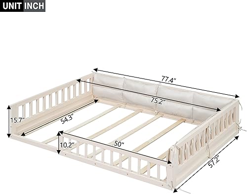 Miniatura 11 de LZ LEISURE ZONE Cama de plataforma de tamaño individual con valla, marco de cama de piso de madera maciza con puerta, marco de sofá cama tamaño