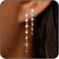 Lunvky 14K Gold Plated Dangle Earrings for Women - Dainty Silver Drop Hoop with Zircon Crystals, Trendy Wedding Bridesmaid Jewelry