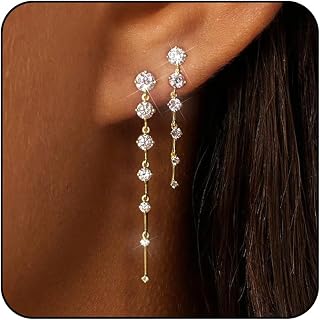 Lunvky 14K Gold Plated Dangle Earrings for Women - Dainty Silver Drop Hoop with Zircon Crystals, Trendy Wedding Bridesmaid Jewelry