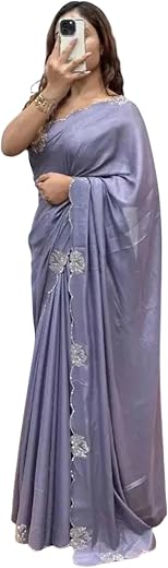 Jogal Satin Silk Saree, Grey, Silver Embroidered Border, Floral Embellishments, fancy wear, with Blouse