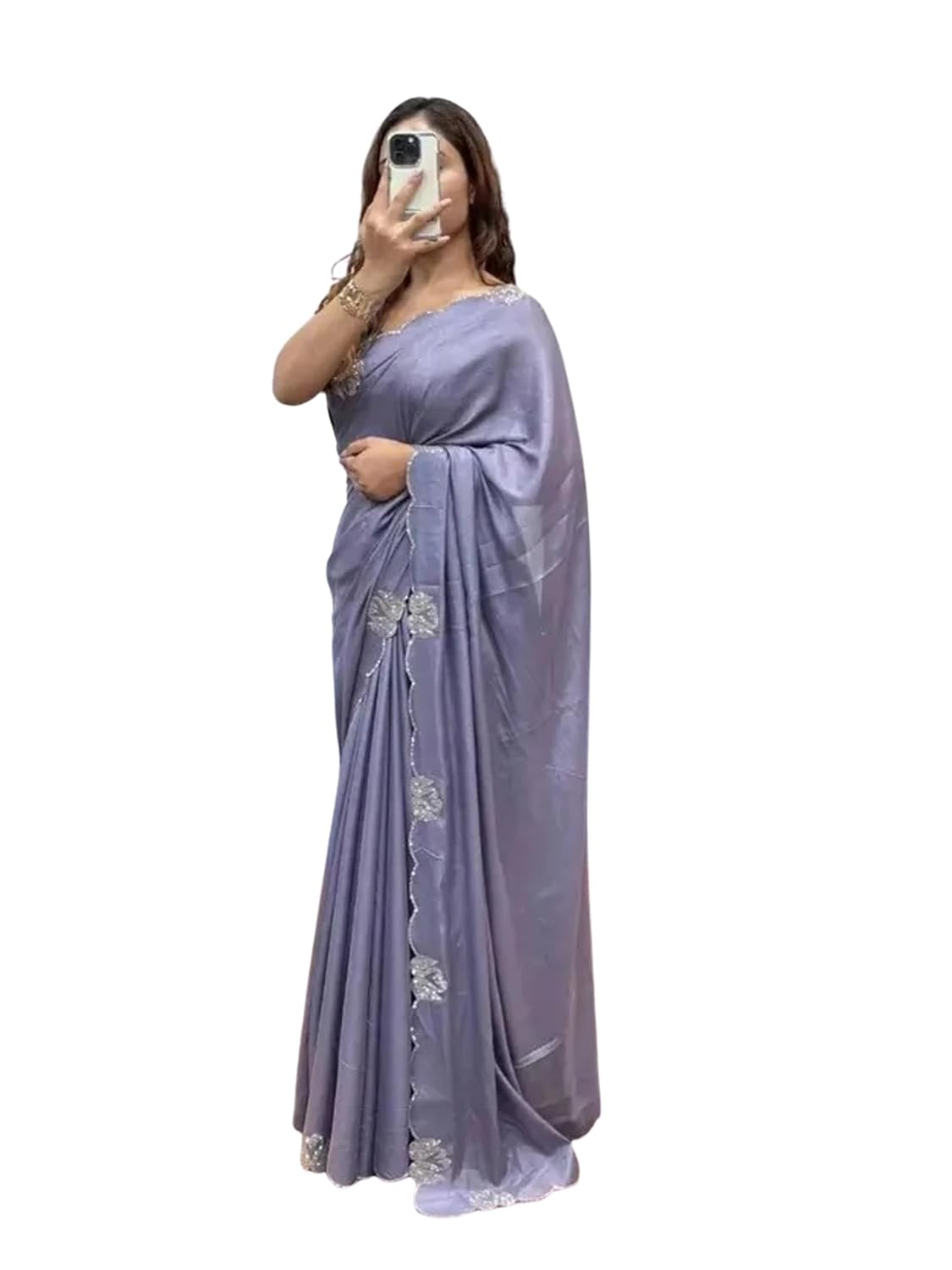 Jogal Satin Silk Saree, Grey, Silver Embroidered Border, Floral Embellishments, fancy wear, with Blouse - Review, Price and Buying Guide
