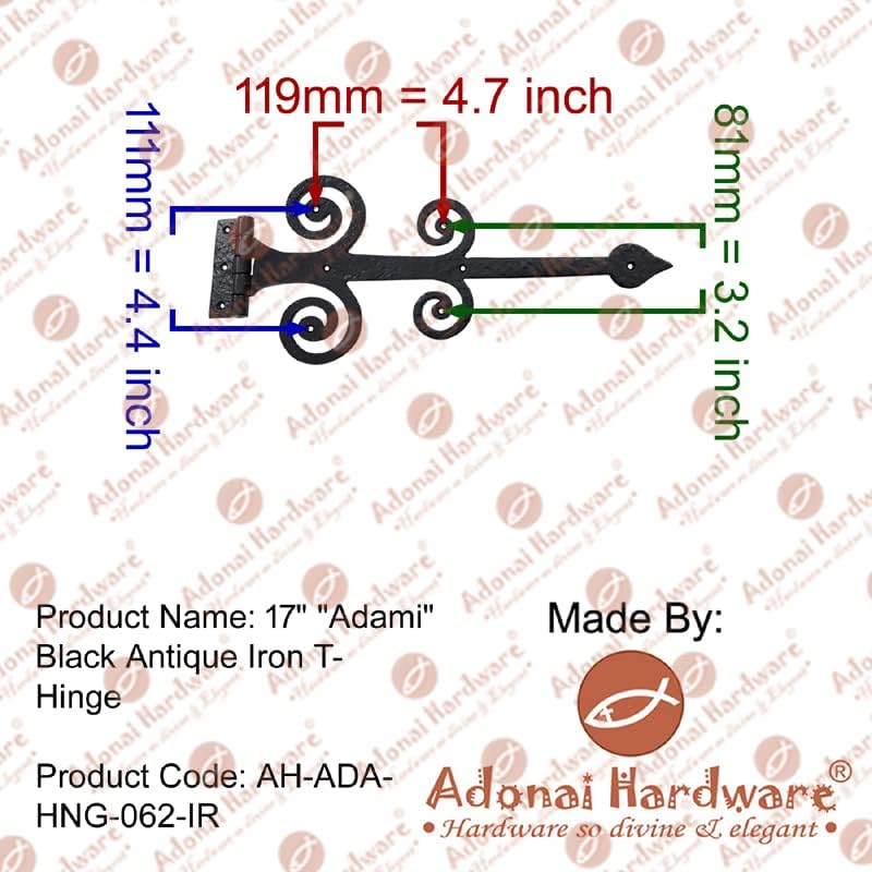 Adonai Hardware 17" "Adami Black Antique Cast Iron T-Hinge (Supplied as 2 Pieces per Pack) - Black Powder Coated
