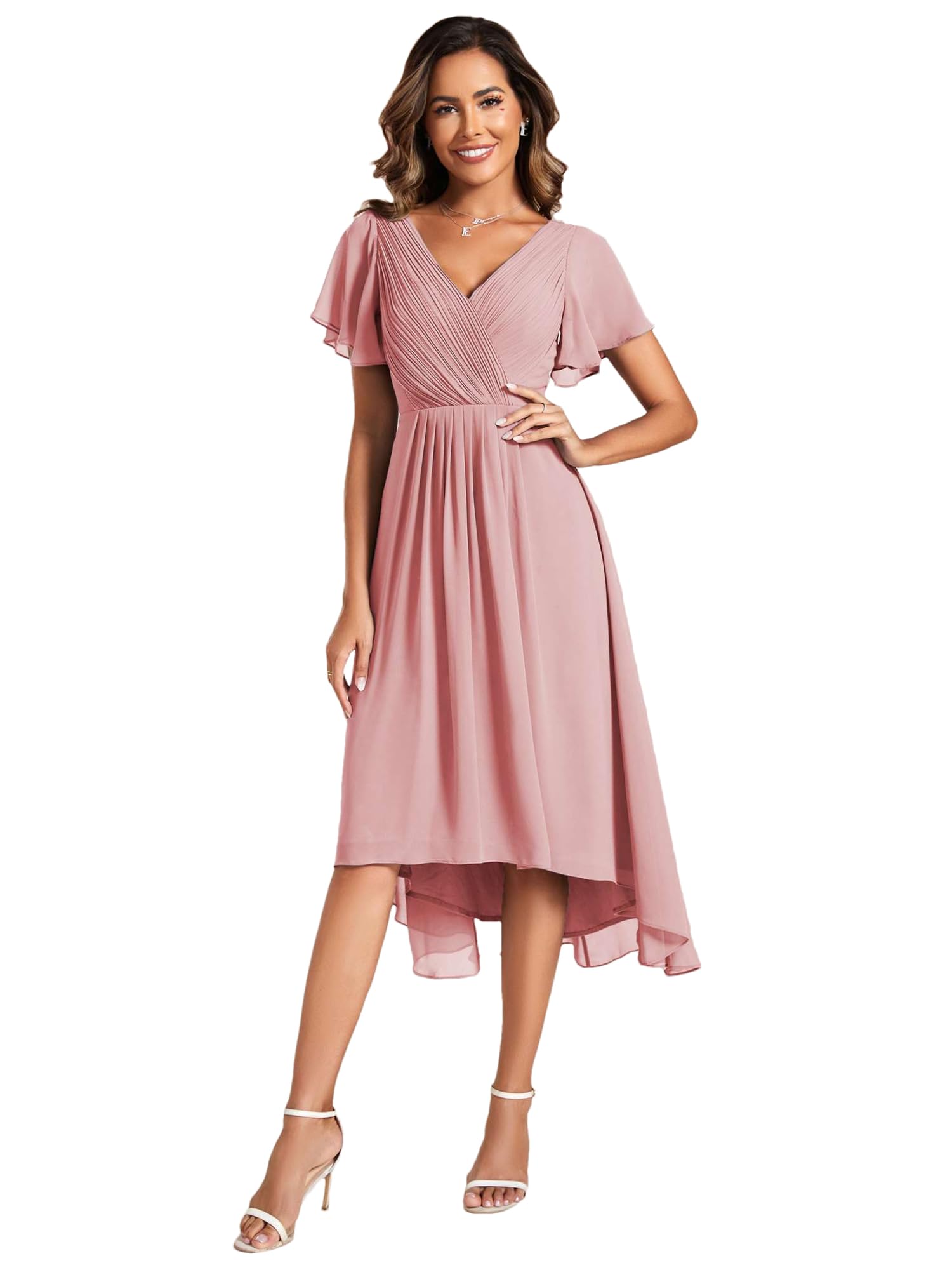Ever-Pretty Abendkleider Damen Elegant für Hochzeit Knielang A-Line Cocktailkleid High Low Festliche Kleider Staubige Rose 38