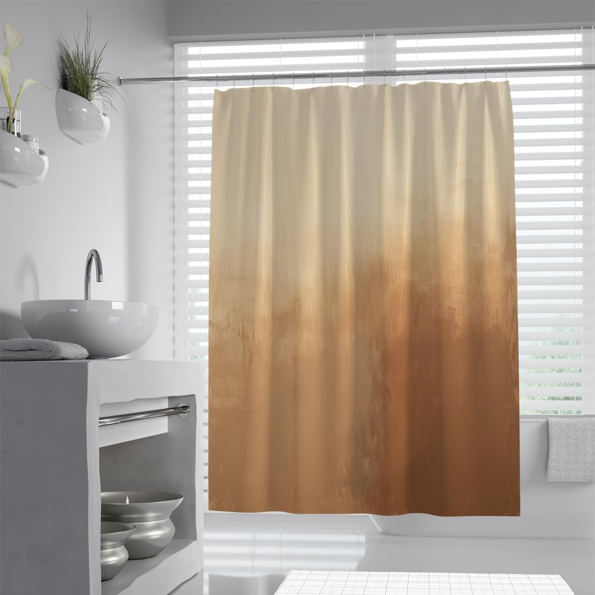 Minimalistischer neutraler Erdton Badezimmer-Duschvorhang Aquarell-Wash-Effekt Kaffeebrauner Ombre-Muster Stoff-Badewannenvorhang mit Haken 180 x 180 cm