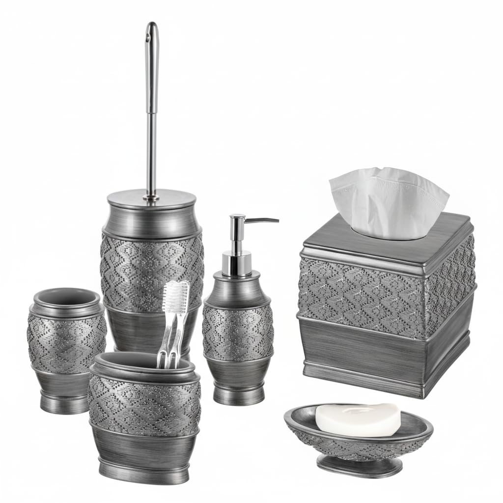 Creative Scents Dublin Silver Bathroom Accessories Set Complete - Brushed Silver 6 Piece Bathroom Set: Toilet Brush and Holder, Tissue Cover, Toothbrush Holder, Soap Dispenser, Tumbler & Soap Dish