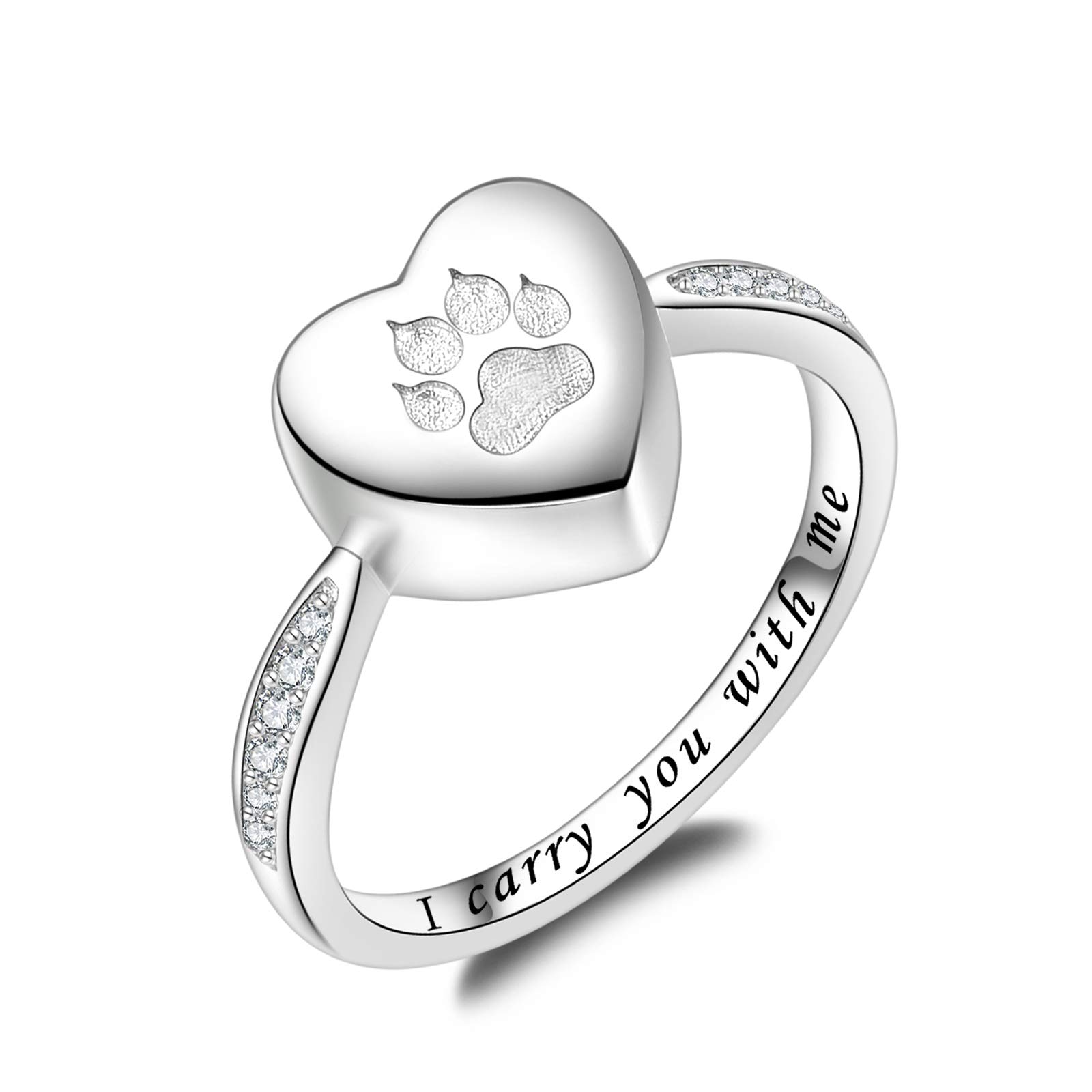 Fookduoduo 925 Sterling Silver Paw Print Urn for Ash I Carry You With Me Cremation Jewelry Dog Cat Claw Urn Finger Ring for Pet Lovers