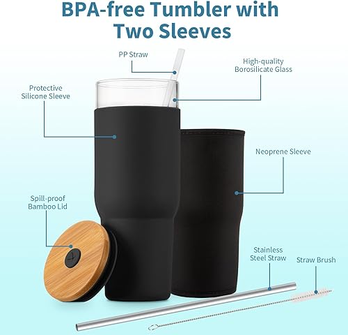 Miniatura 1 de veegoal Vaso de vidrio de 32 onzas con popote y tapa, vaso para batido para café helado con funda de silicona y neopreno, sin BPA, a prueba de