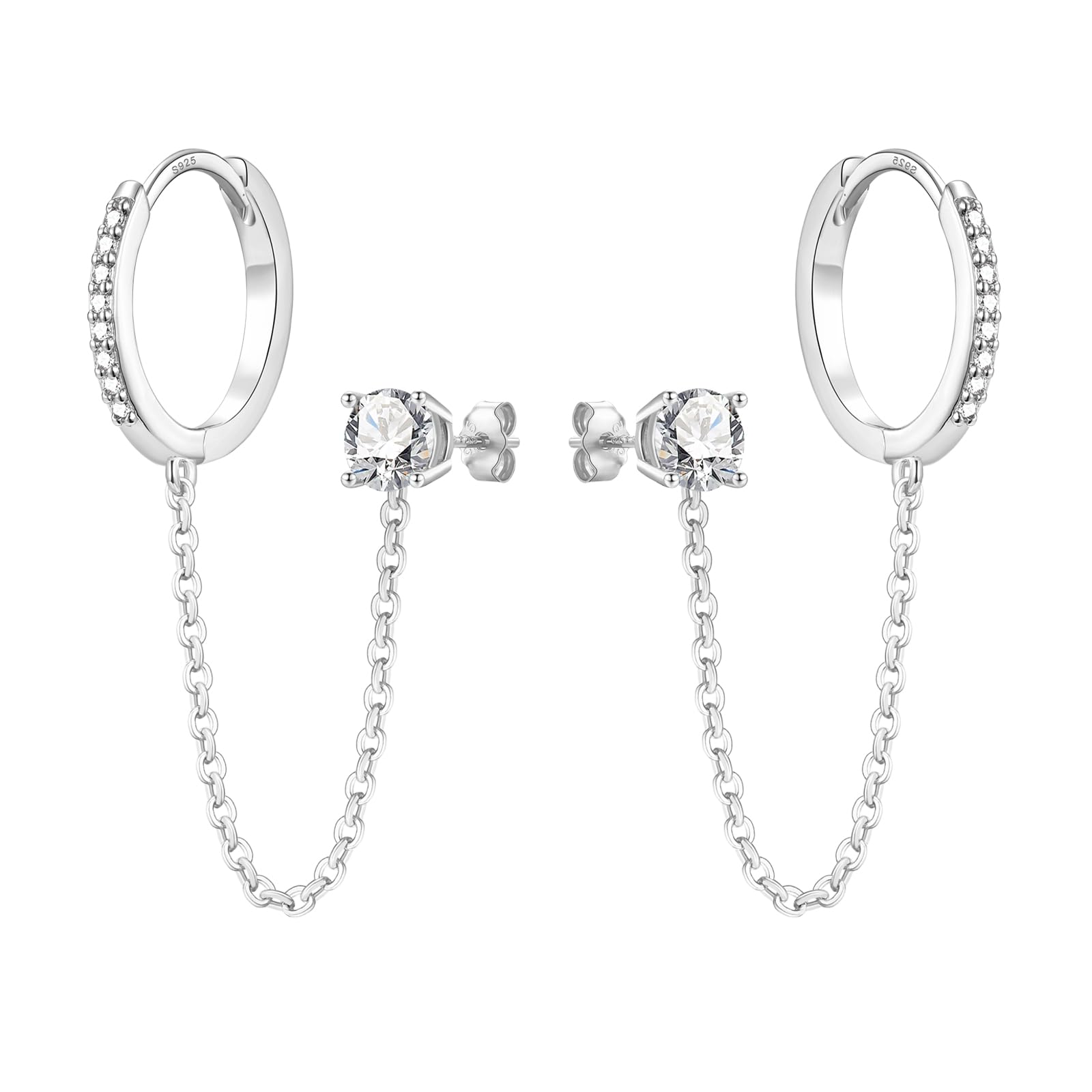 Chain Earrings for Women - 925 Sterling Silver Gold Hoop Double Piercing Earrings Two Holes CZ Huggie Hoop Earrings Set Tassel Drop Link Cuff Cartilage Helix Earrings for Teen Girls Jewellery Gifts
