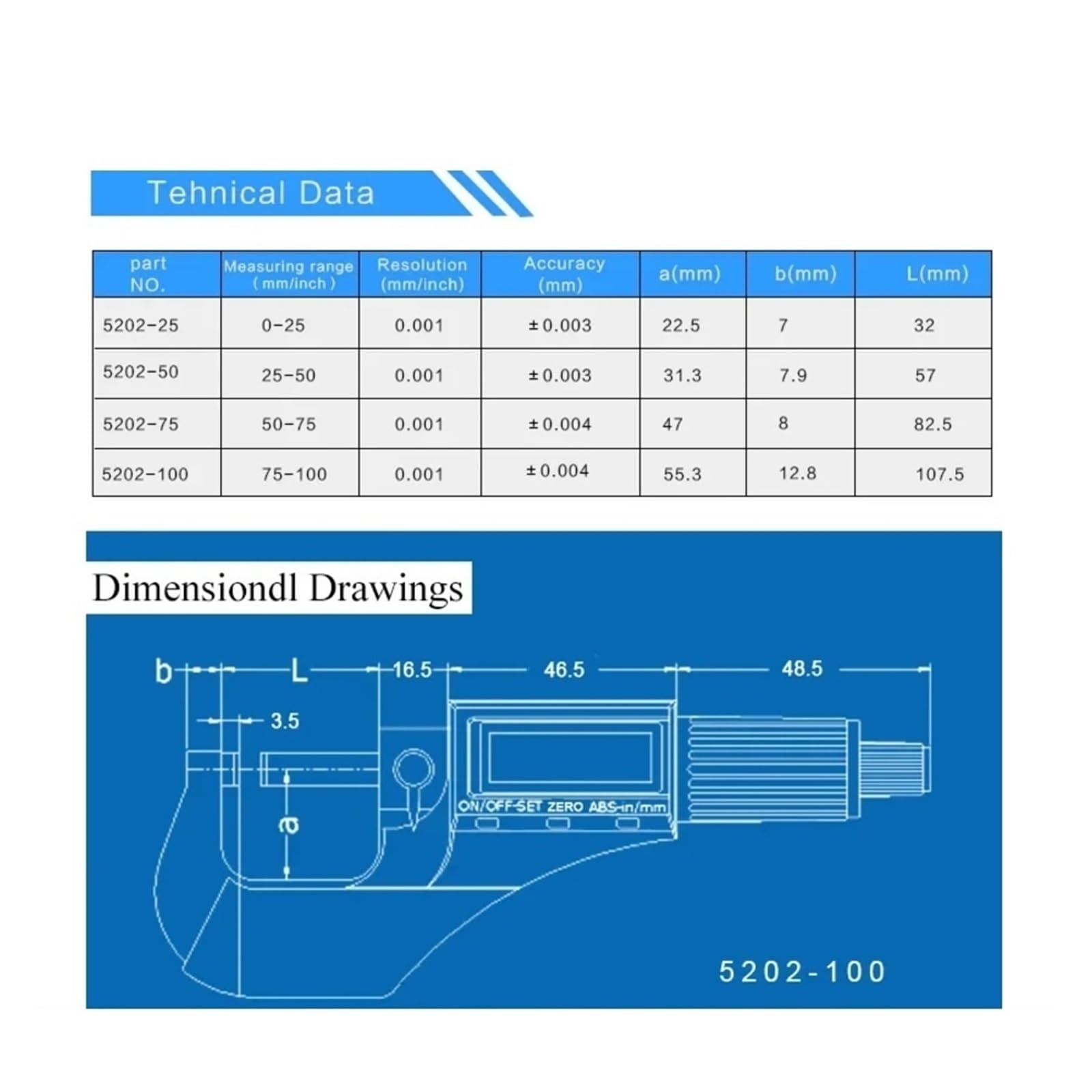 Micromètre numérique d'extérieur électronique à Grand Affichage, précision 0,001 mm, 75-100 mm