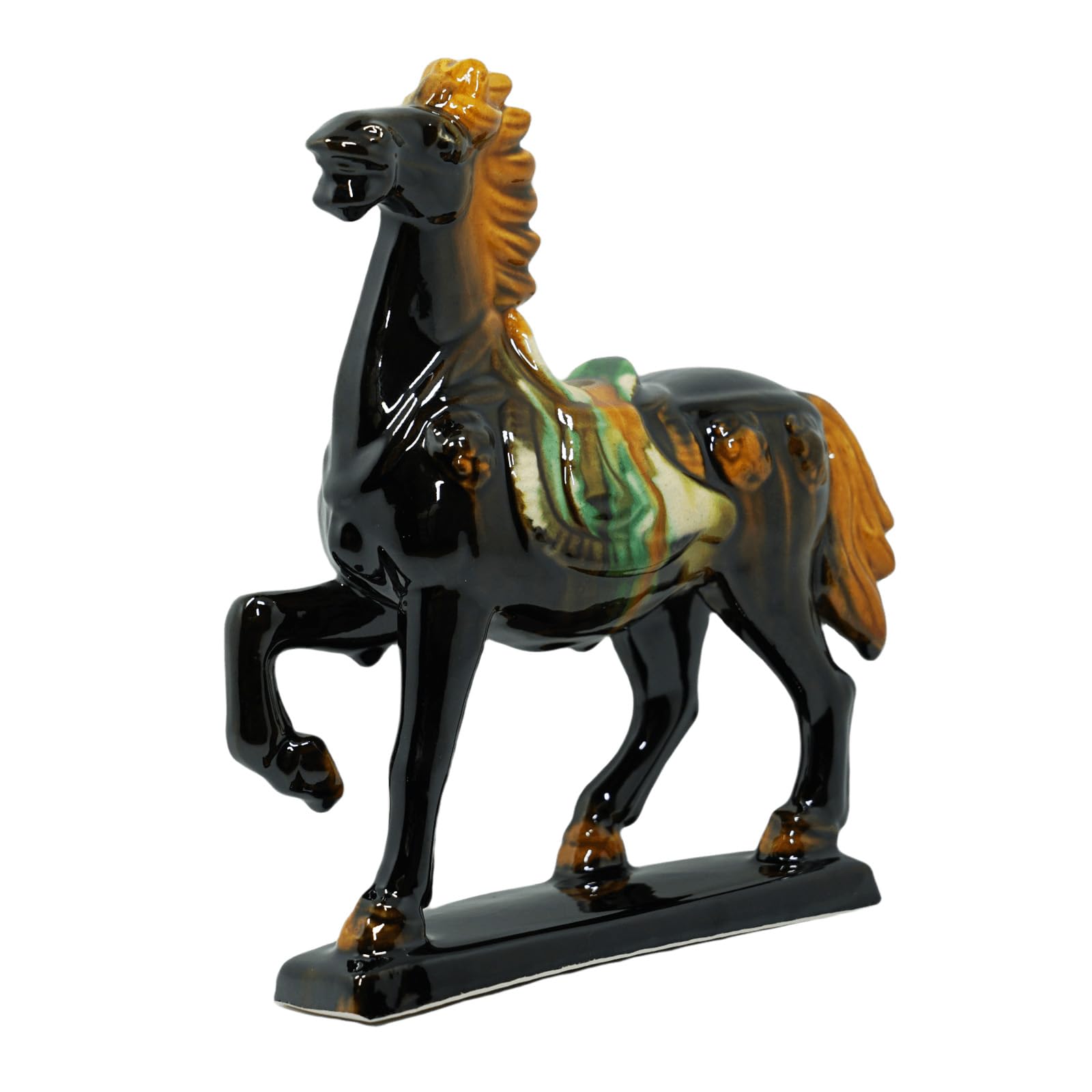Handmade -Tang Dynasty Tri-Color Horse Sculpture Ceramic Horse-19cm Cultural Art Piece for Home,Bookcase or Office Decor (Black)