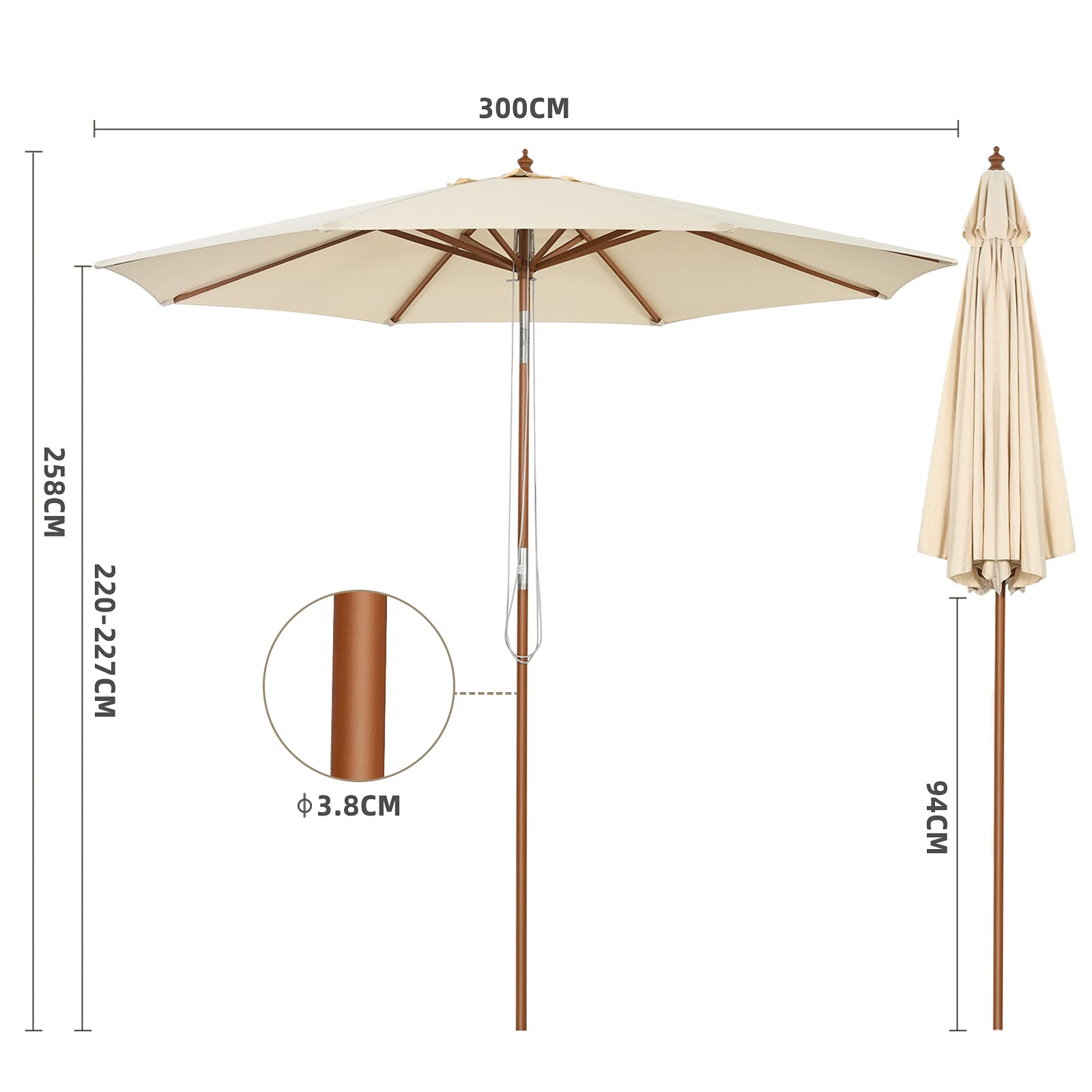 GOPLUS Parasol de Jardin Exterieur 3M, Parasol Inclinable à Corde en Bois avec 8 Baleines en Bambou, Levage par Poulie, Protection Solaire, pour Piscine, Cour, Base Non Incluse