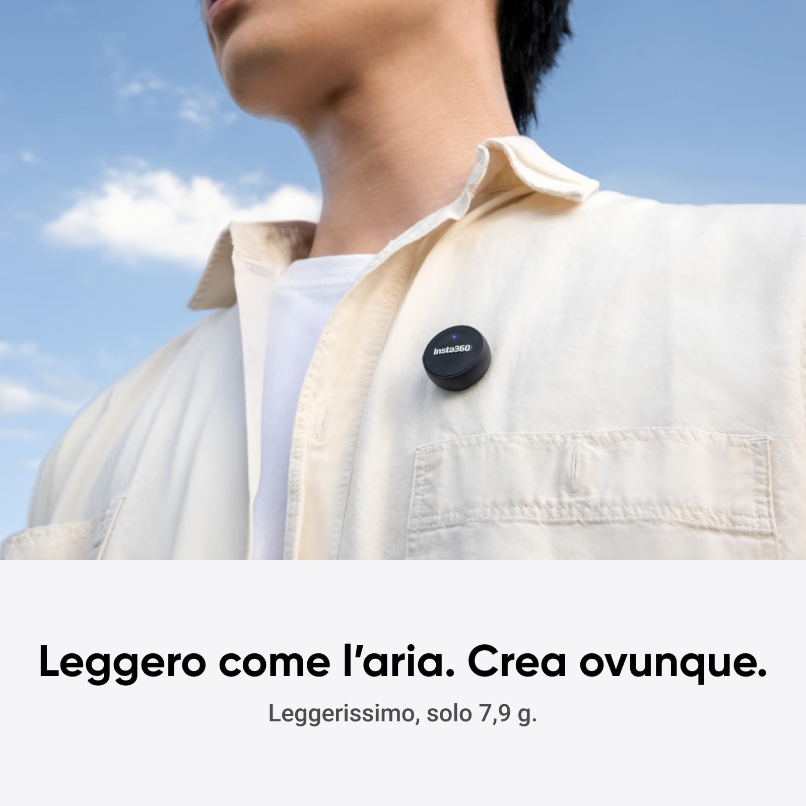 Insta360 Trasmettitore Microfono Air, 7,9 g ultraleggero, microfono wireless X5/X4/X4 Air/Ace Pro 2/GO Ultra, cancellazione del rumore, Vlog, streaming