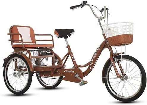 tricycle adult tricycle two seater senior pedal bike 3 wheel cruiser bike 20 inch with back seat high carbon steel frame large single speed large size basket trike for practice shopping recreation women men Brown