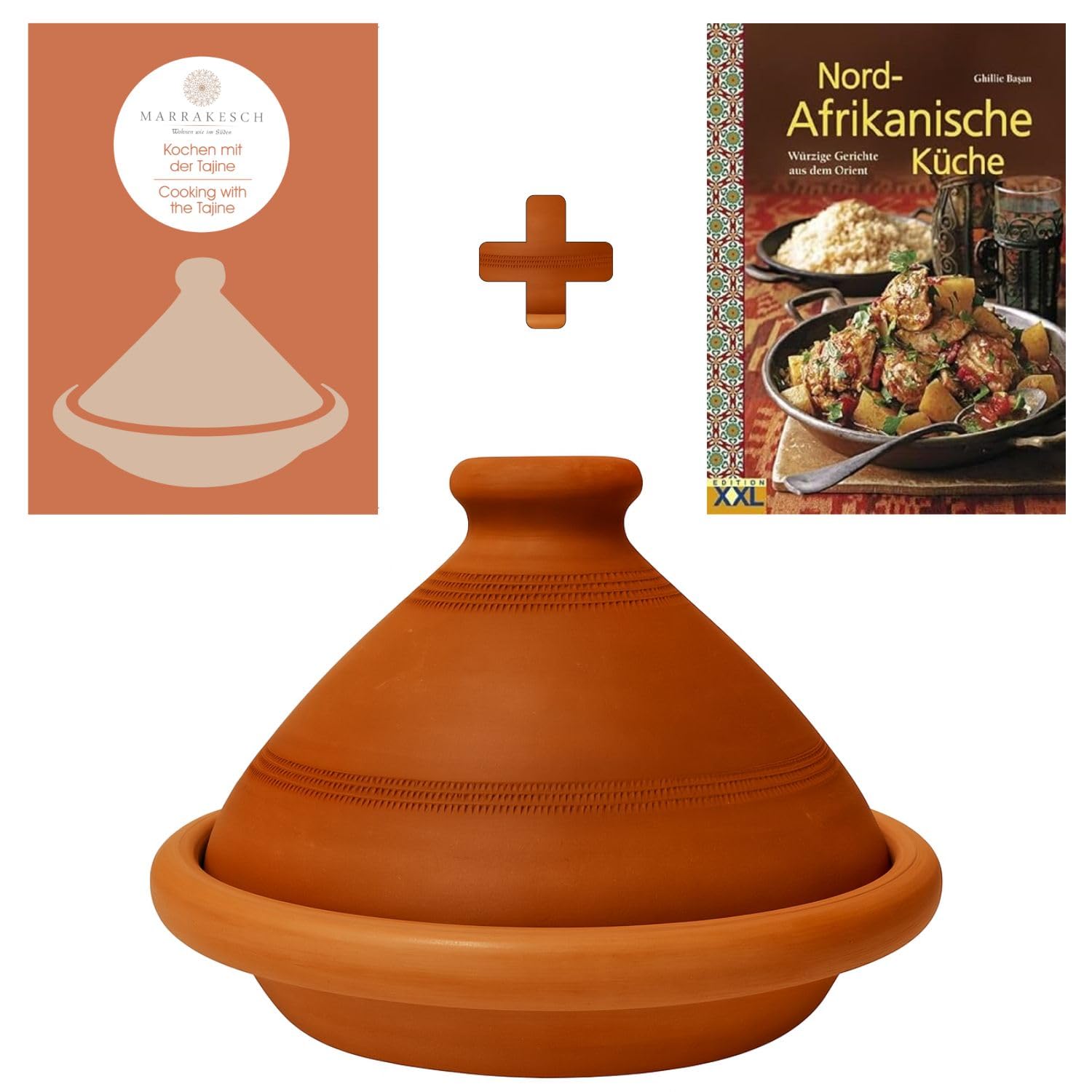 Plat à tajine artisanal Ø 30 cm + livre de recettes (français non garanti)