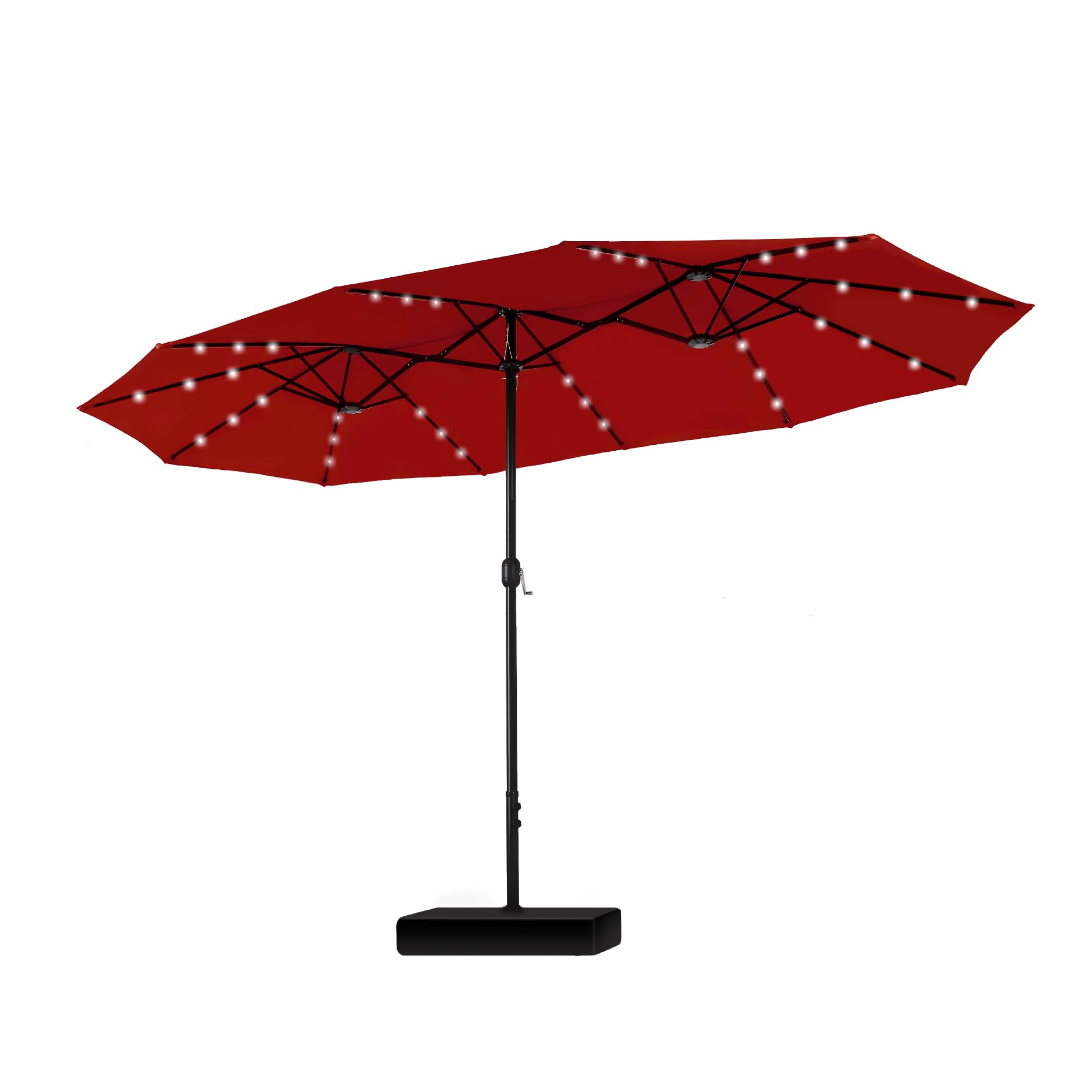 PHI VILLA 15ft Large Patio Umbrellas with 36 LED Solar Lights, Double-Sided Outdoor Market Rectangle Umbrellas, Base (Stand) Included, Dark Red